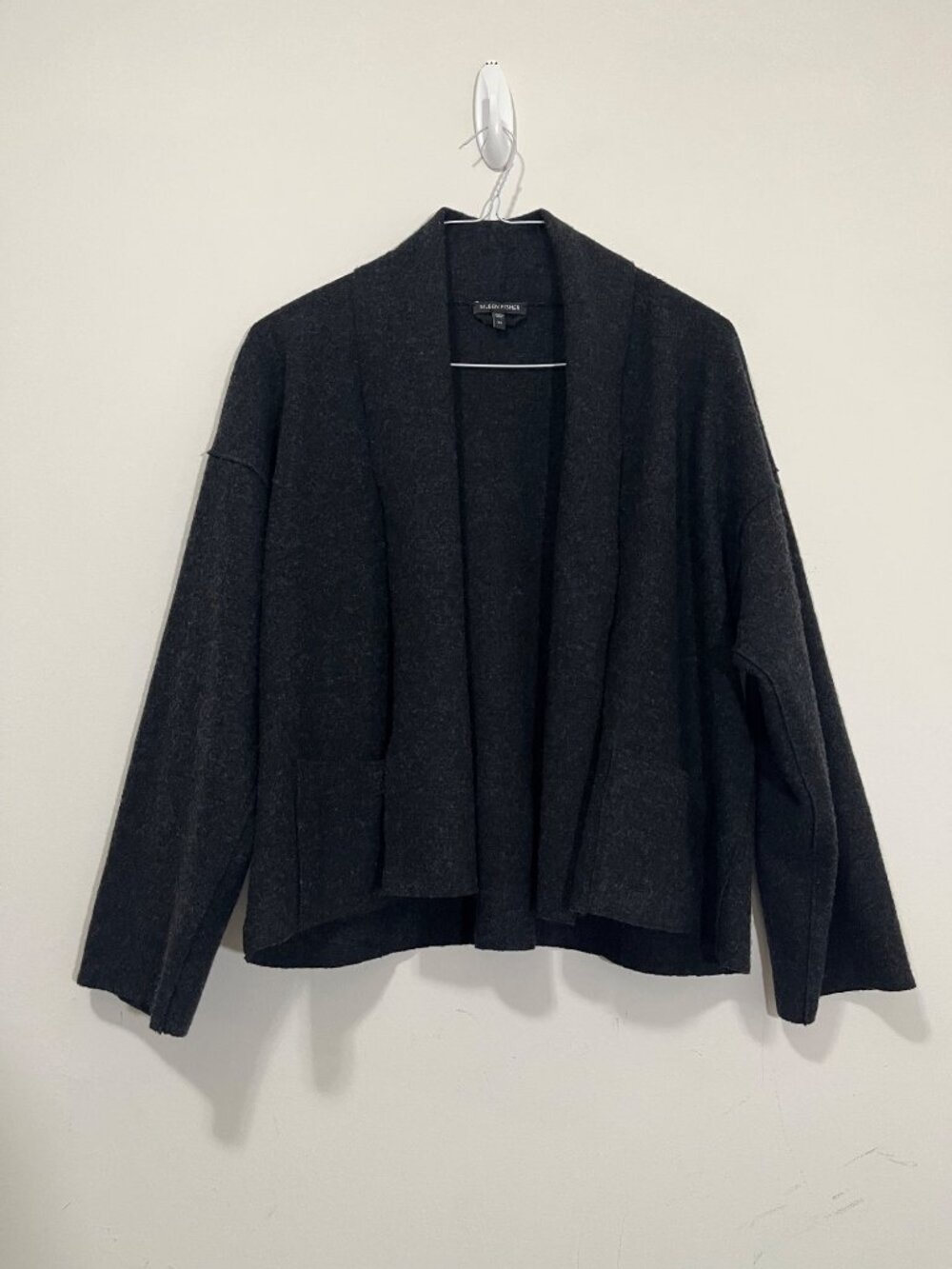 Eileen Fisher Charcoal Gray Boiled 100% Merino Wool Open Cardigan Jacket XS Boxy